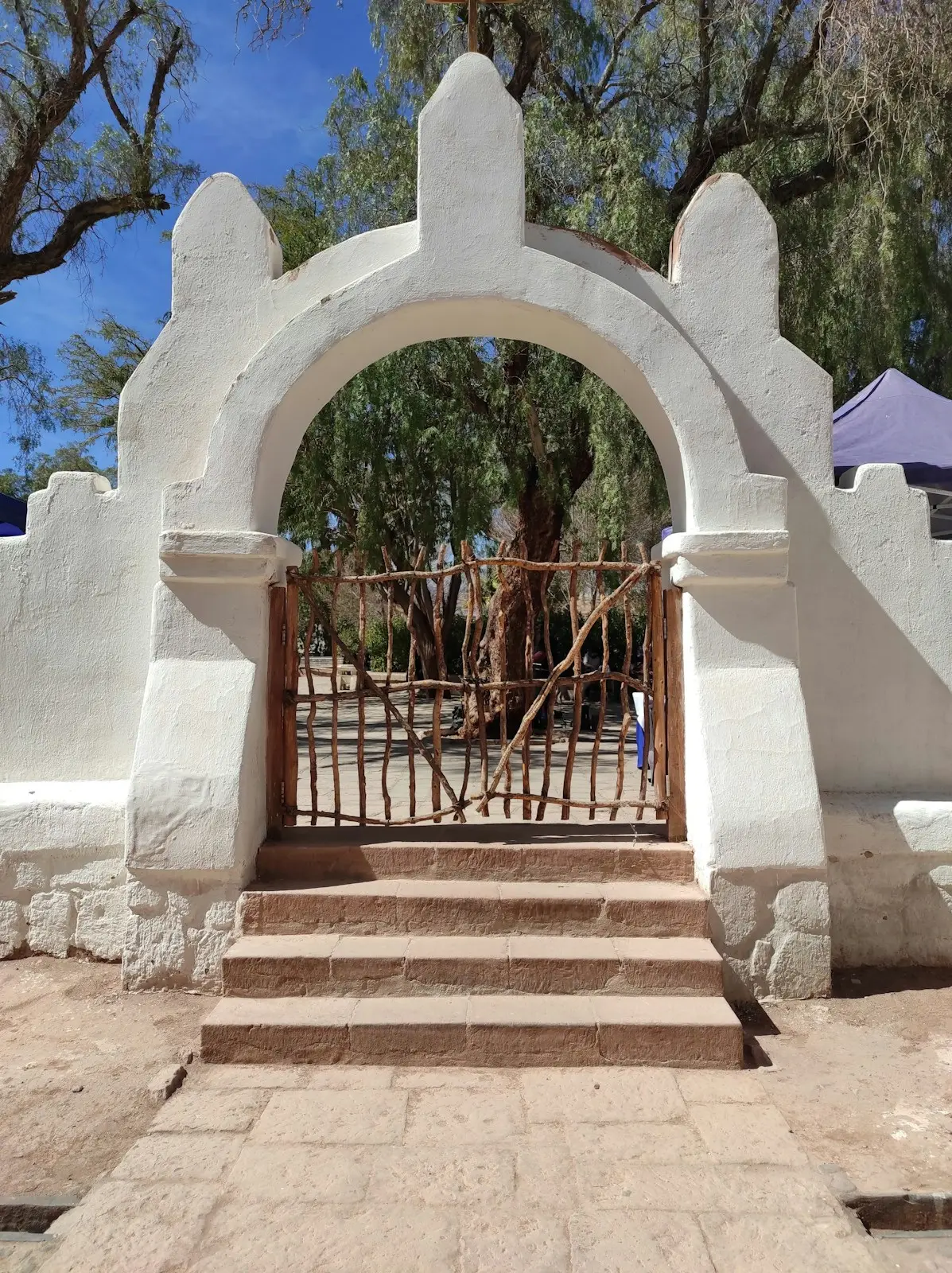 An arched gated entrance with steps